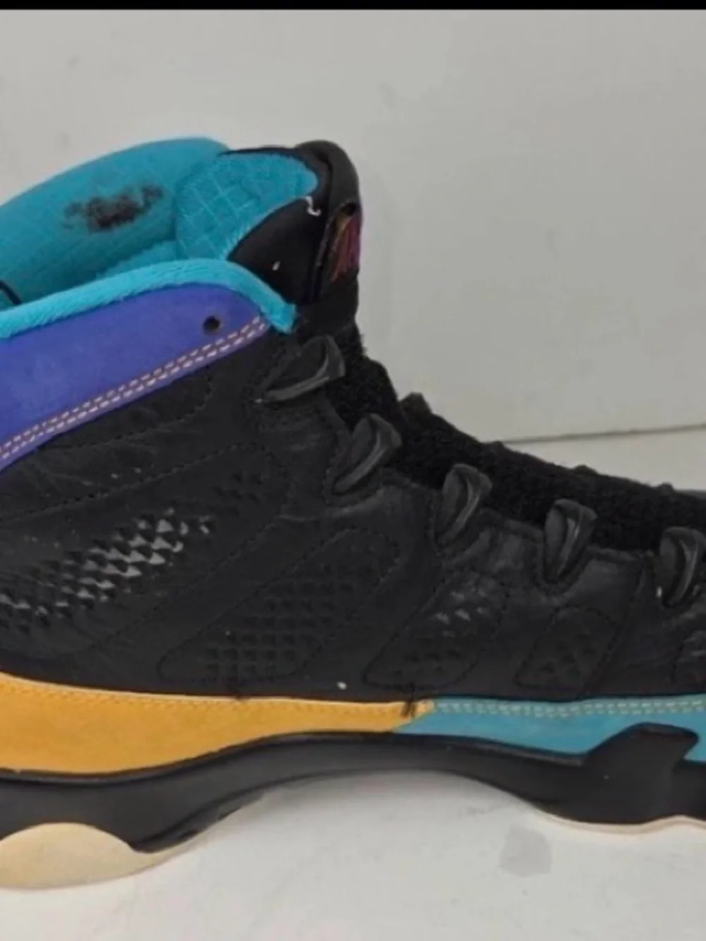 Retro High-Top Basketball Sneakers in Black with Teal, Purple & Gold Accents